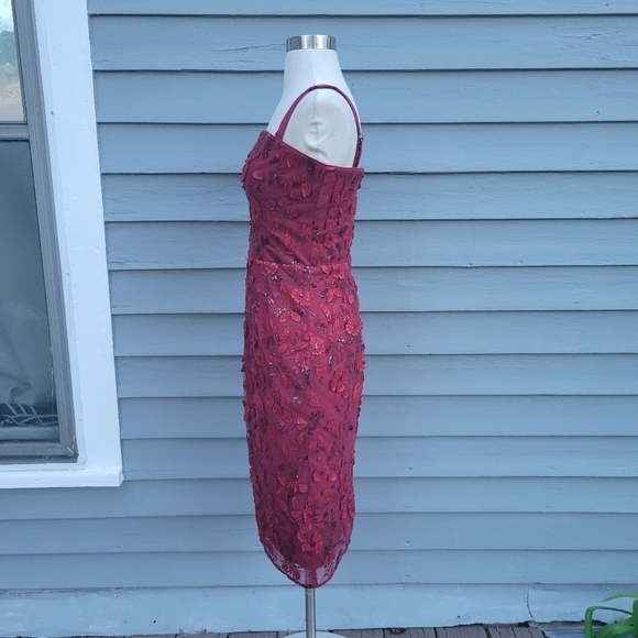 Dress The Population Ynez Red Floral Embellished Beaded Sequin Sexy Midi Dress S - Picture 4 of 9